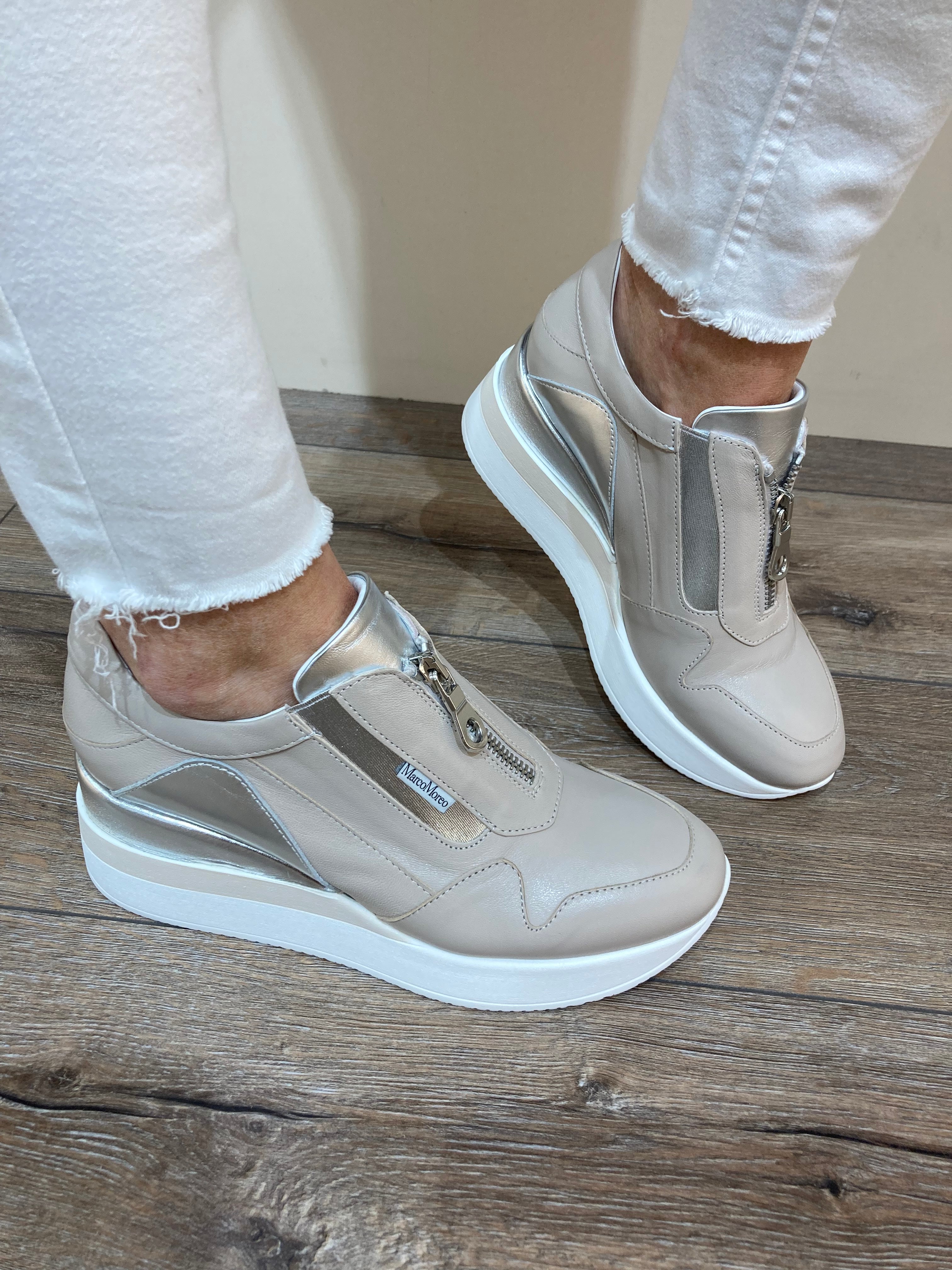 Marco Moreo B652 COM2 Front Zip Fashion Wedge Shoe Taupe/Silver