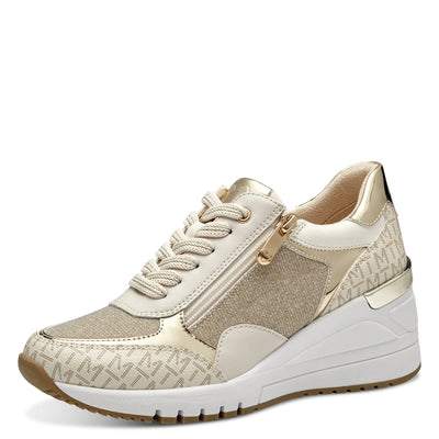 MARCO TOZZI - 23723-40C LACE/ZIP WEDGE TRAINER - CREAM/GOLD
