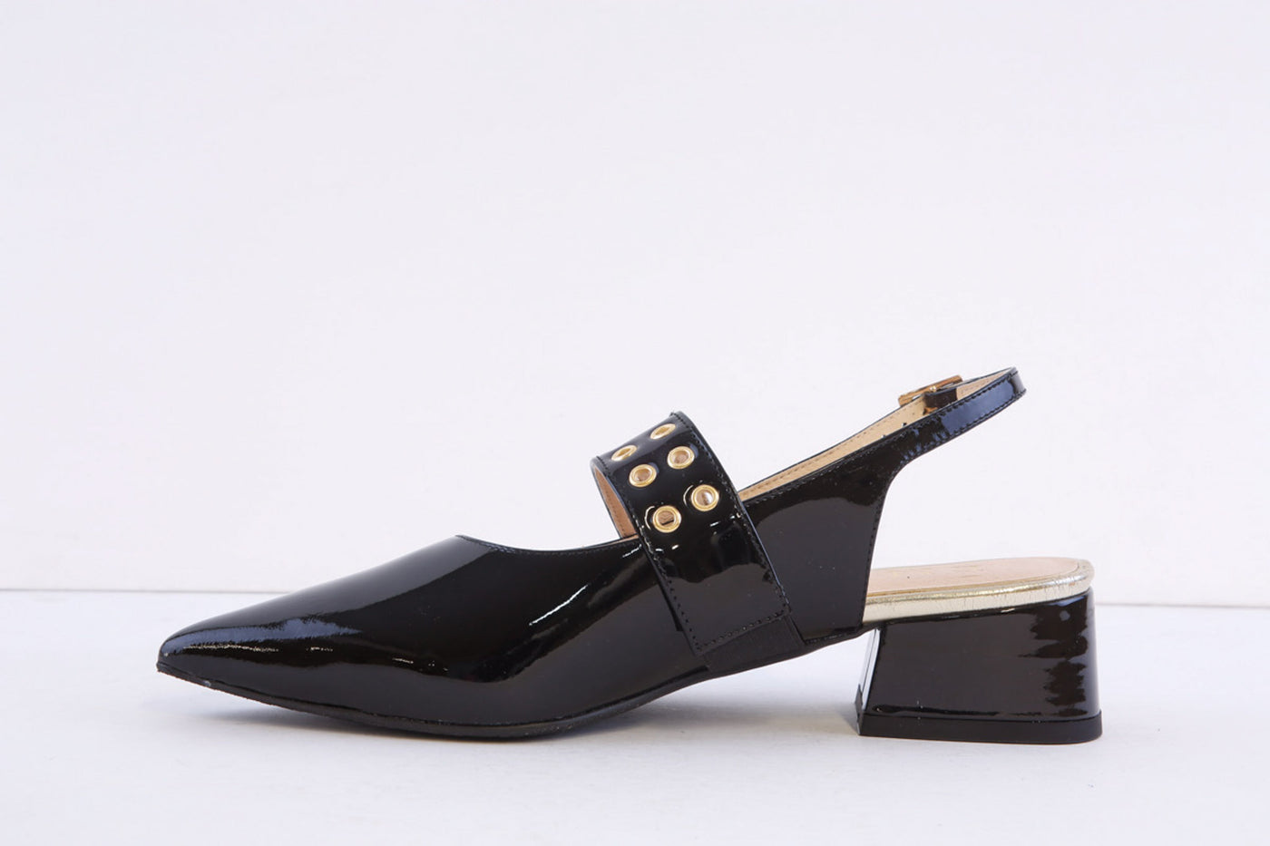 EMIS - 8490/956 BLOCK HEEL SLING-BACK SHOE - BLACK PATENT