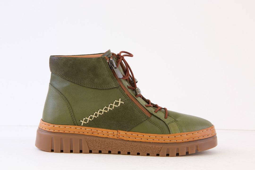 PALMIYA - V721 FLAT ZIP/LACED ANKLE BOOT - GREEN LEATHER
