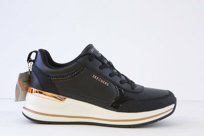 SKECHERS - 177345  BILLION 2-FINE SHINE LACED WEDGE TRAINER - BLACK/ROSEGOLD