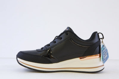SKECHERS - 177345  BILLION 2-FINE SHINE LACED WEDGE TRAINER - BLACK/ROSEGOLD