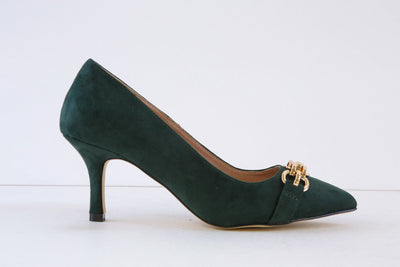 COCCO RITZ - COCO1017 HIGH HEEL COURT SHOE WITHGOLD CHAIN TRIM - DARK GREEN