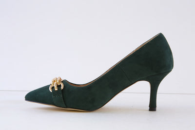 COCCO RITZ - COCO1017 HIGH HEEL COURT SHOE WITHGOLD CHAIN TRIM - DARK GREEN