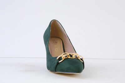 COCCO RITZ - COCO1017 HIGH HEEL COURT SHOE WITHGOLD CHAIN TRIM - DARK GREEN