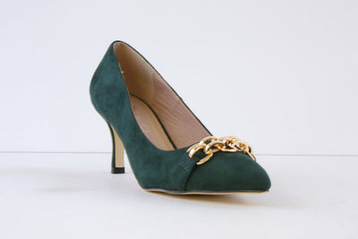 COCCO RITZ - COCO1017 HIGH HEEL COURT SHOE WITHGOLD CHAIN TRIM - DARK GREEN