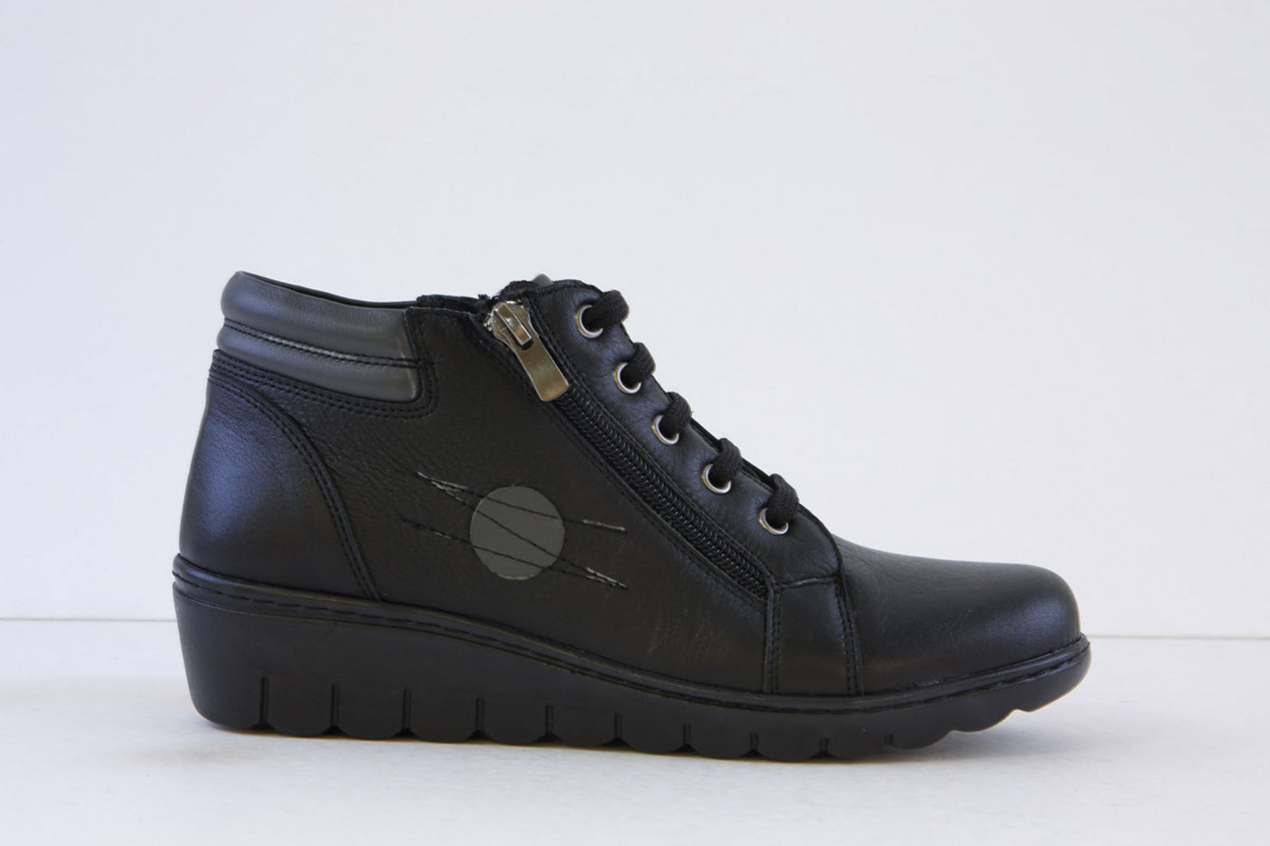 Dr. Mery - 3033 LOW WEDGE LACED/ZIP ANKLE BOOT - BLACK/GREY LEATHER