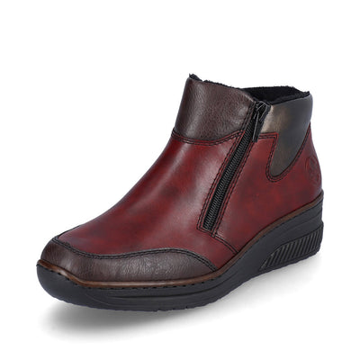 RIEKER - 48754-35 LOW WEDGE DOUBLE ZIP ANKLE BOOT - WINE