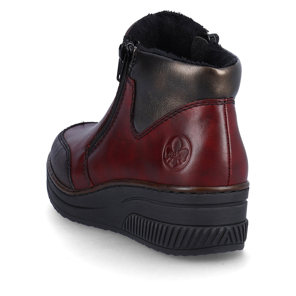 RIEKER - 48754-35 LOW WEDGE DOUBLE ZIP ANKLE BOOT - WINE