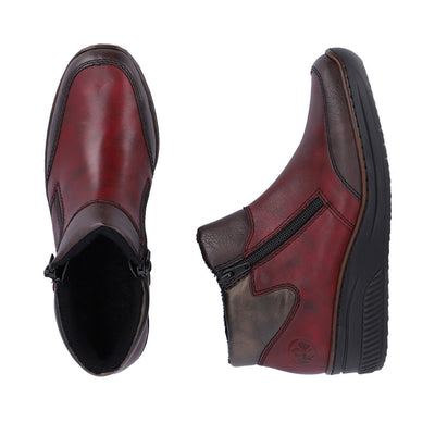 RIEKER - 48754-35 LOW WEDGE DOUBLE ZIP ANKLE BOOT - WINE