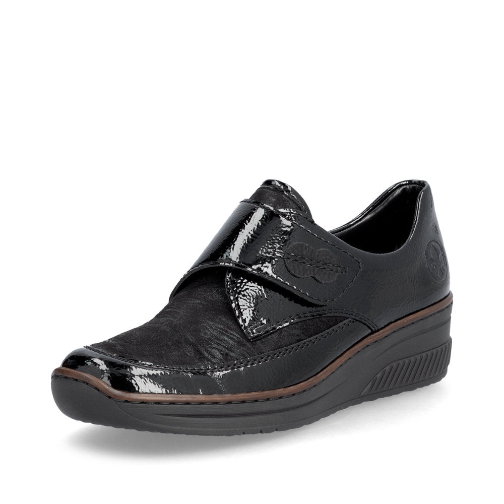 RIEKER - 487C0-00 LOW WEDGE VELCRO COMFORT SHOE - BLACK PATENT COMBI