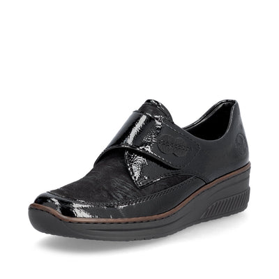 RIEKER - 487C0-00 LOW WEDGE VELCRO COMFORT SHOE - BLACK PATENT COMBI