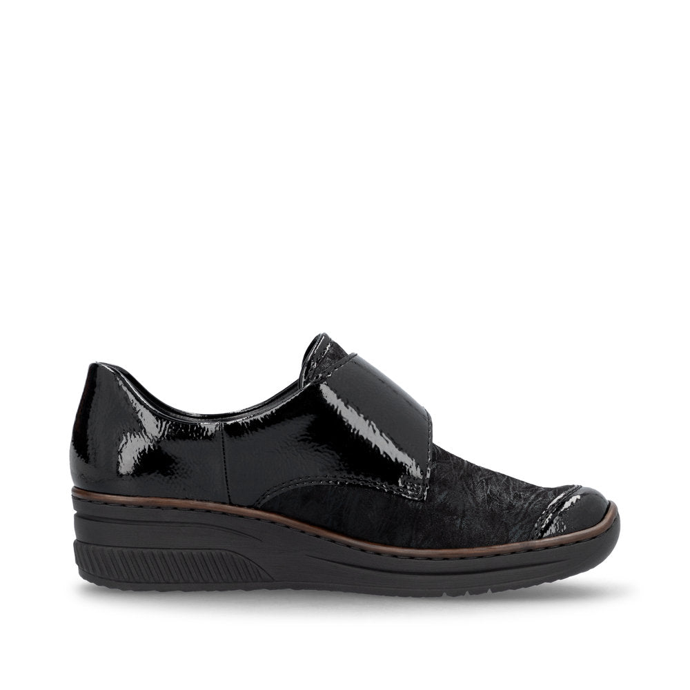 RIEKER - 487C0-00 LOW WEDGE VELCRO COMFORT SHOE - BLACK PATENT COMBI