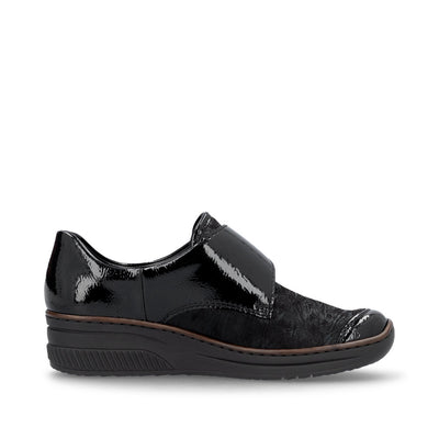 RIEKER - 487C0-00 LOW WEDGE VELCRO COMFORT SHOE - BLACK PATENT COMBI