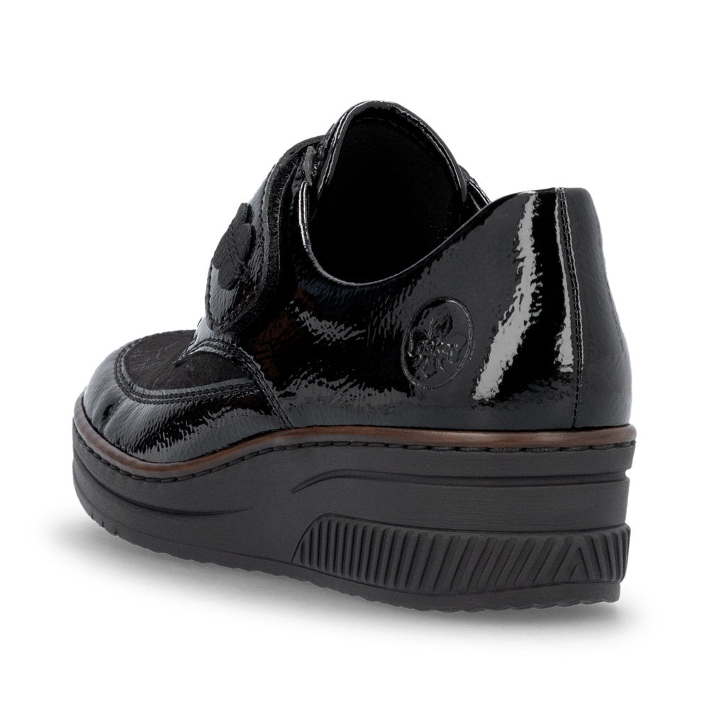 RIEKER - 487C0-00 LOW WEDGE VELCRO COMFORT SHOE - BLACK PATENT COMBI