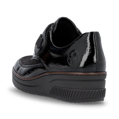 RIEKER - 487C0-00 LOW WEDGE VELCRO COMFORT SHOE - BLACK PATENT COMBI