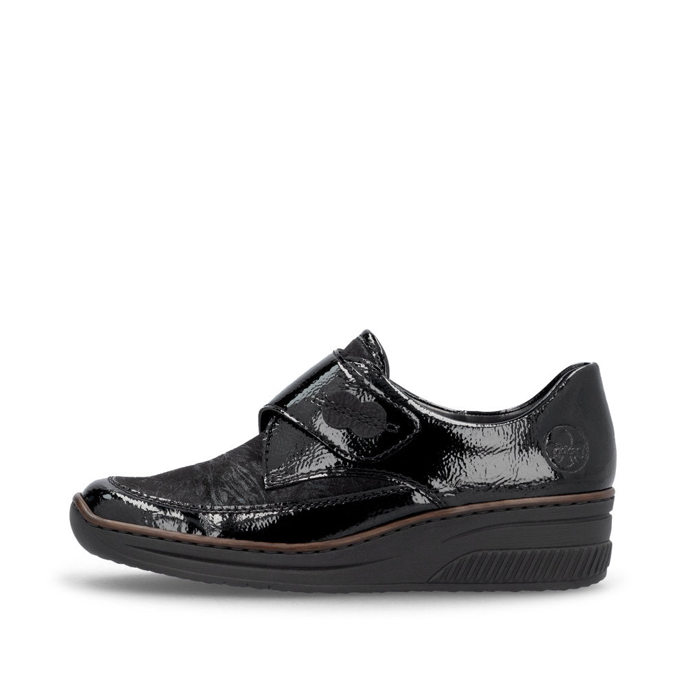 RIEKER - 487C0-00 LOW WEDGE VELCRO COMFORT SHOE - BLACK PATENT COMBI