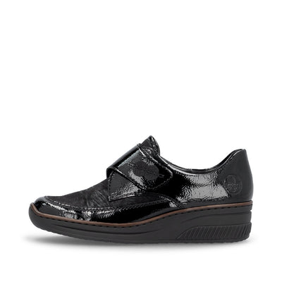 RIEKER - 487C0-00 LOW WEDGE VELCRO COMFORT SHOE - BLACK PATENT COMBI