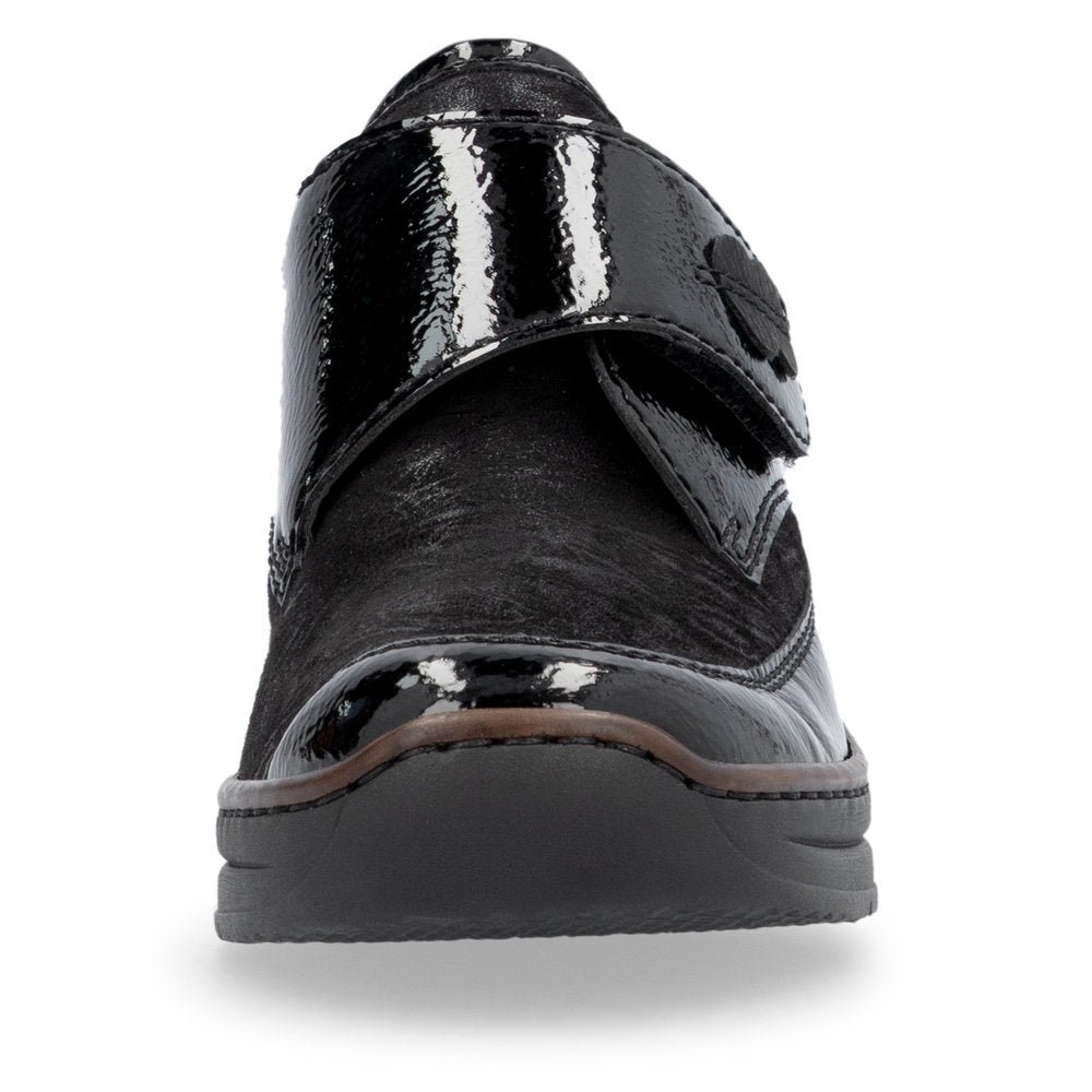 RIEKER - 487C0-00 LOW WEDGE VELCRO COMFORT SHOE - BLACK PATENT COMBI