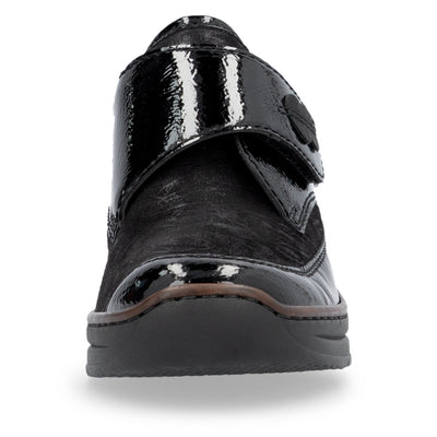 RIEKER - 487C0-00 LOW WEDGE VELCRO COMFORT SHOE - BLACK PATENT COMBI