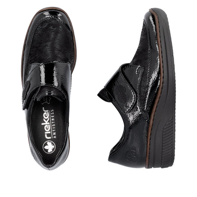 RIEKER - 487C0-00 LOW WEDGE VELCRO COMFORT SHOE - BLACK PATENT COMBI