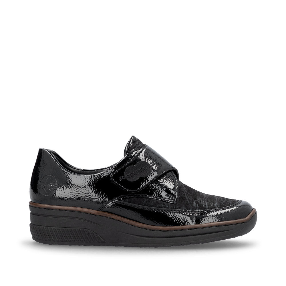 RIEKER - 487C0-00 LOW WEDGE VELCRO COMFORT SHOE - BLACK PATENT COMBI