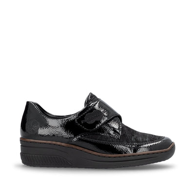 RIEKER - 487C0-00 LOW WEDGE VELCRO COMFORT SHOE - BLACK PATENT COMBI
