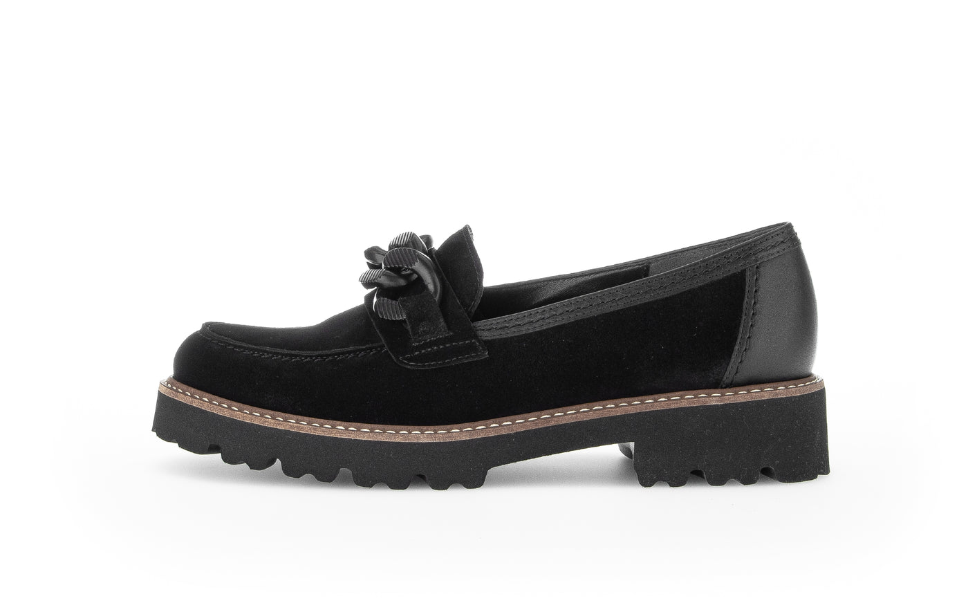 GABOR - 55.240.17 BLOCK HEEL SLIP-ON SHOE WITH CHAIN DETAIL - BLACK SUEDE