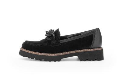 GABOR - 55.240.17 BLOCK HEEL SLIP-ON SHOE WITH CHAIN DETAIL - BLACK SUEDE