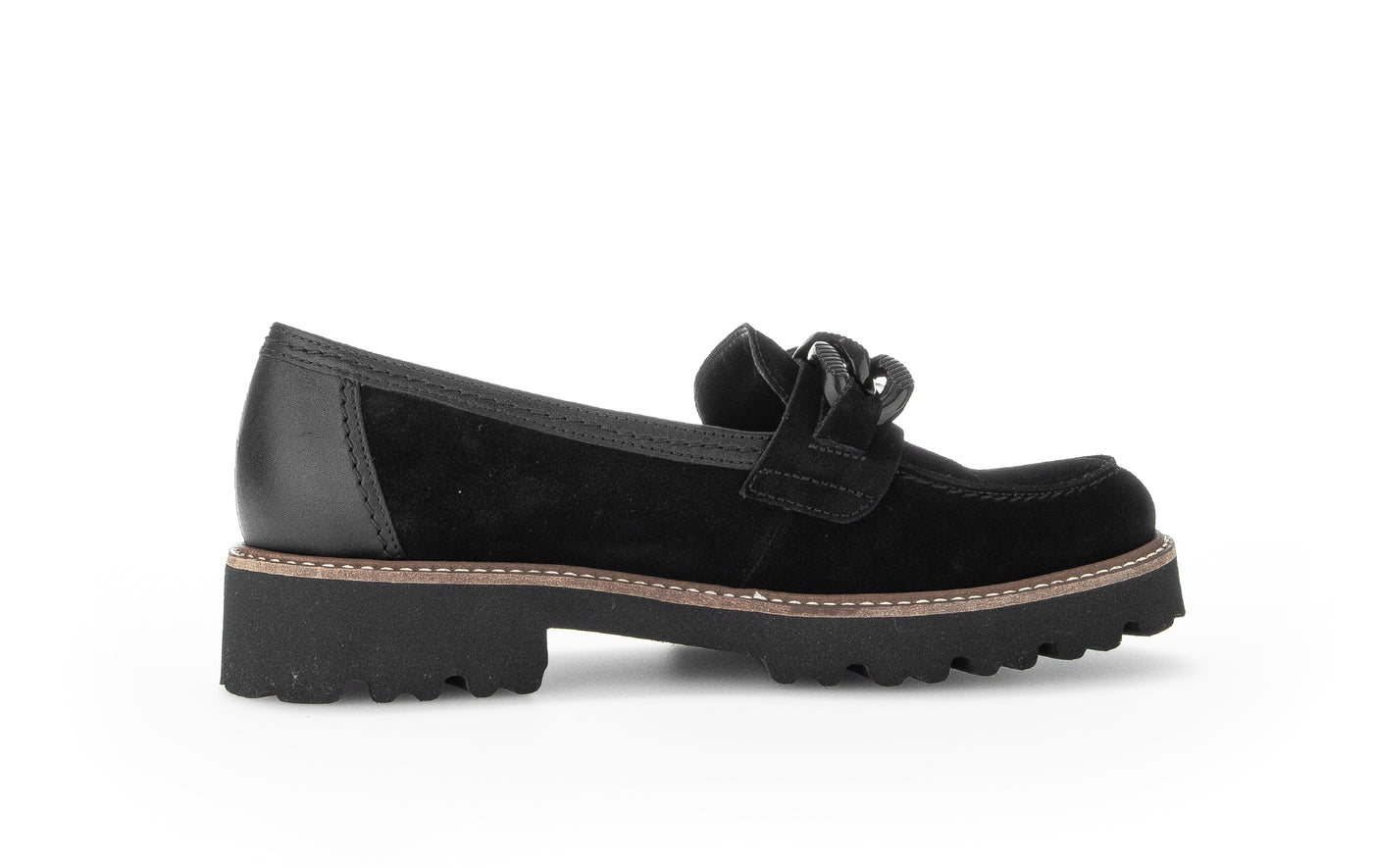 GABOR - 55.240.17 BLOCK HEEL SLIP-ON SHOE WITH CHAIN DETAIL - BLACK SUEDE