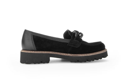 GABOR - 55.240.17 BLOCK HEEL SLIP-ON SHOE WITH CHAIN DETAIL - BLACK SUEDE