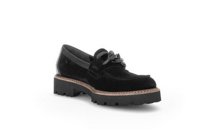 GABOR - 55.240.17 BLOCK HEEL SLIP-ON SHOE WITH CHAIN DETAIL - BLACK SUEDE