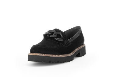 GABOR - 55.240.17 BLOCK HEEL SLIP-ON SHOE WITH CHAIN DETAIL - BLACK SUEDE