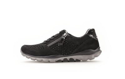 GABOR ROLLING SOFT - 56.968.87 FLAT LACED WALKING SHOE WITH ZIP - BLACK NUBUCK