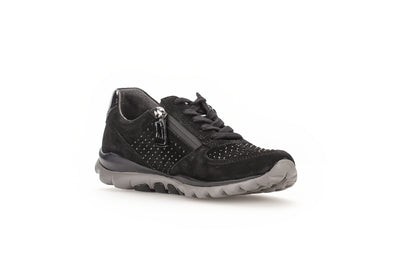 GABOR ROLLING SOFT - 56.968.87 FLAT LACED WALKING SHOE WITH ZIP - BLACK NUBUCK