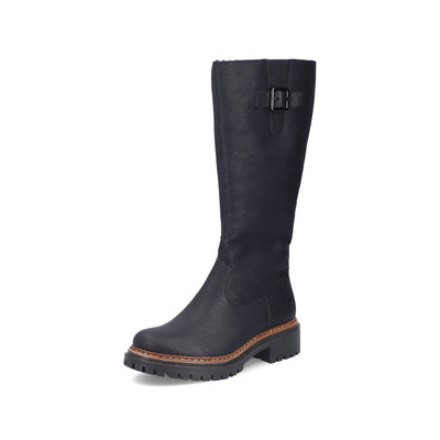 RIEKER - 72694-00 CHUNKY LOW HEEL FULL-LENGTH COSY-LINED BOOT - BLACK