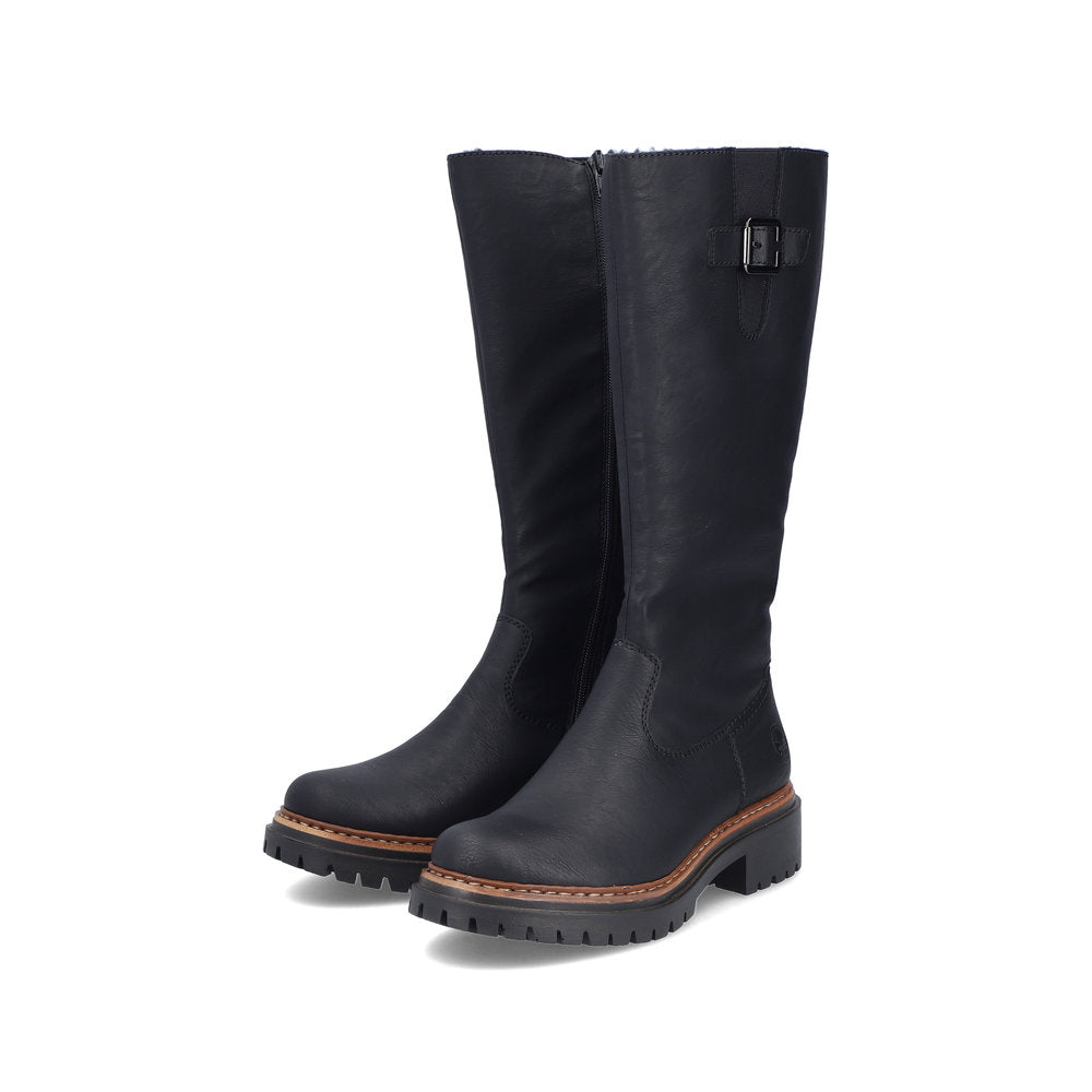 RIEKER - 72694-00 CHUNKY LOW HEEL FULL-LENGTH COSY-LINED BOOT - BLACK