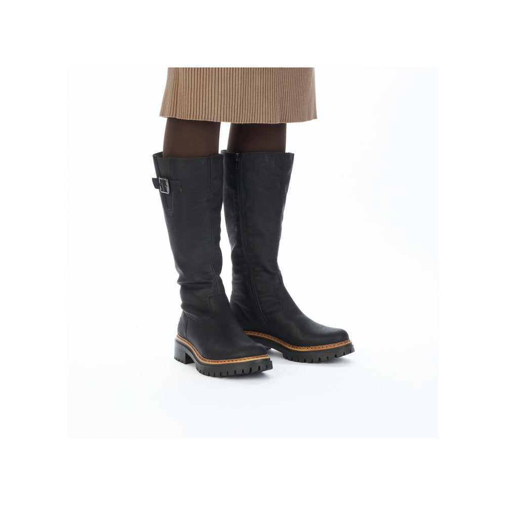 RIEKER - 72694-00 CHUNKY LOW HEEL FULL-LENGTH COSY-LINED BOOT - BLACK