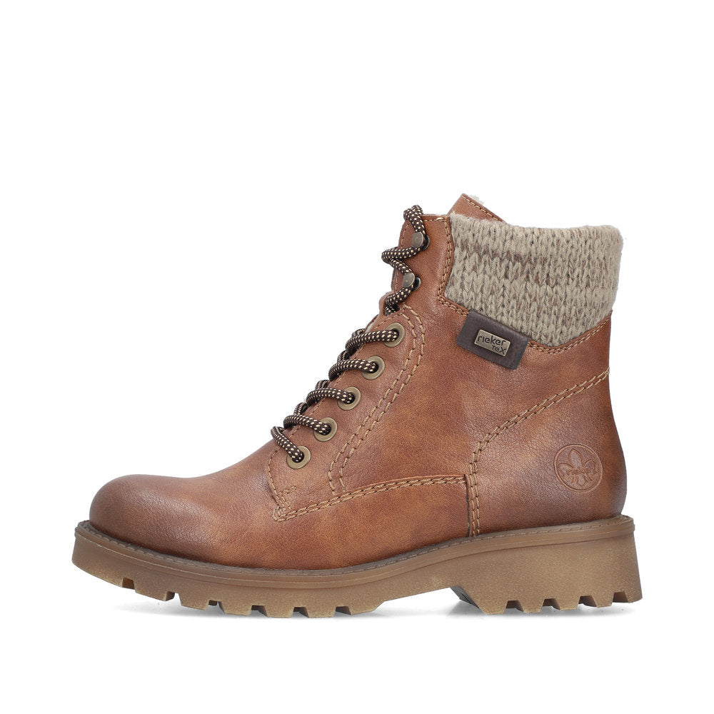 RIEKER - 73220-24 KNIT COLLAR RIEKER TEX LACE/ZIP ANKLE BOOT - TAN