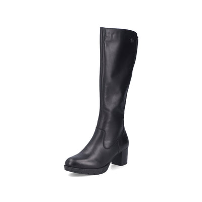 RIEKER - 77684-00 MEDIUM BLOCK HEEL FULL-LENGTH BOOT WITH ZIP - BLACK LEATHER