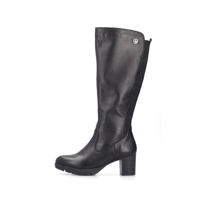 RIEKER - 77684-00 MEDIUM BLOCK HEEL FULL-LENGTH BOOT WITH ZIP - BLACK LEATHER