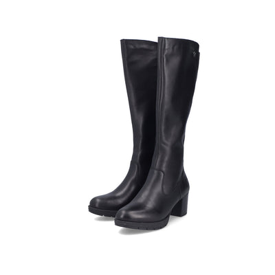 RIEKER - 77684-00 MEDIUM BLOCK HEEL FULL-LENGTH BOOT WITH ZIP - BLACK LEATHER