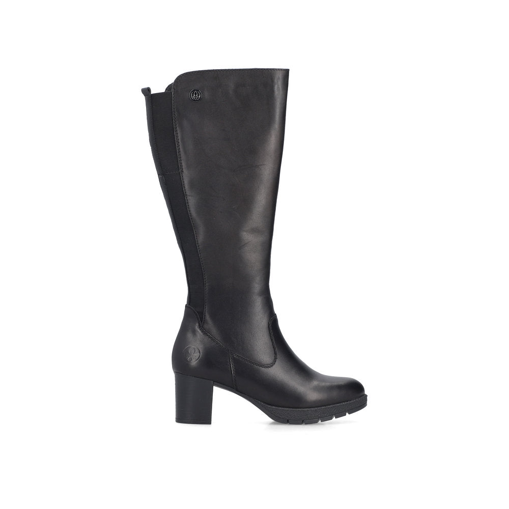 RIEKER - 77684-00 MEDIUM BLOCK HEEL FULL-LENGTH BOOT WITH ZIP - BLACK LEATHER