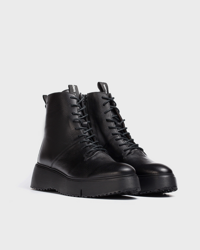 WONDERS A-9350 - LACE UP WEDGE ANKLE BOOT WITH SIDE ZIP - BLACK LEATHER