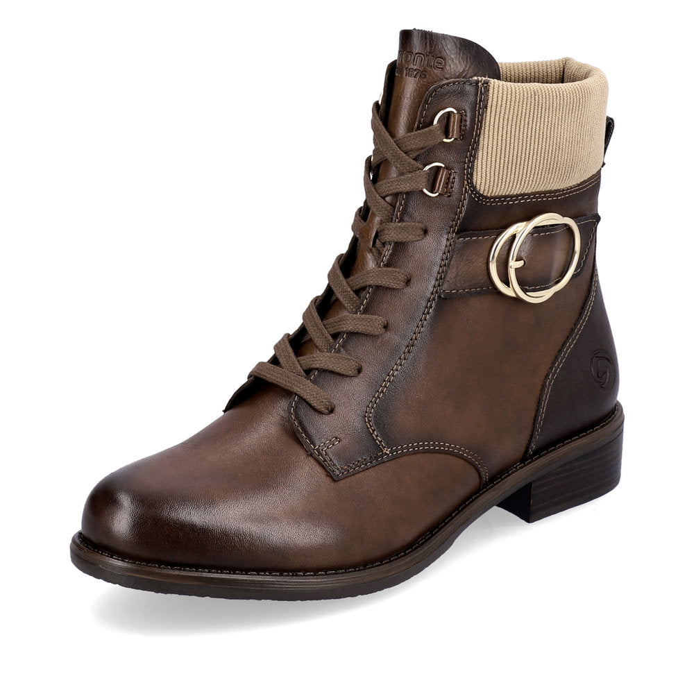REMONTE - D0F76-22 LOW HEEL ZIP/LACE ANKLE BOOT - BROWN
