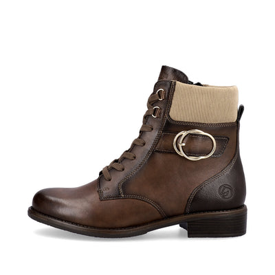 REMONTE - D0F76-22 LOW HEEL ZIP/LACE ANKLE BOOT - BROWN