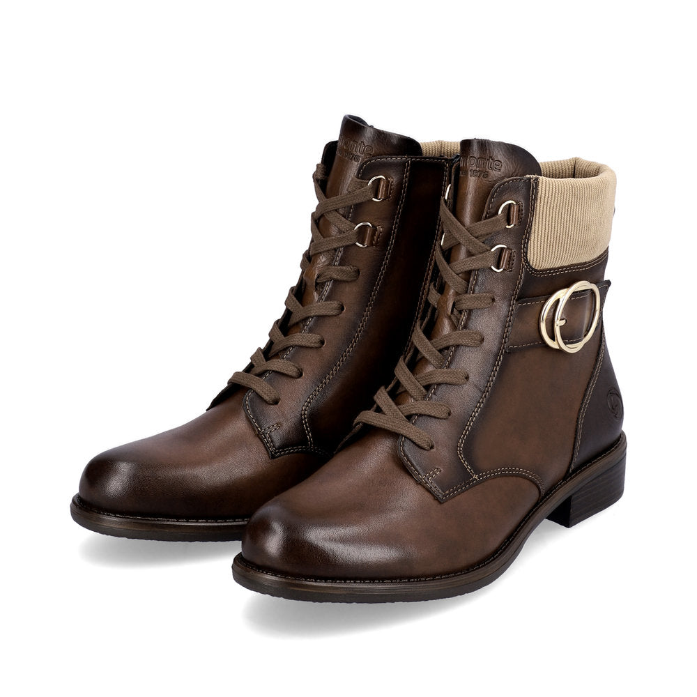 REMONTE - D0F76-22 LOW HEEL ZIP/LACE ANKLE BOOT - BROWN