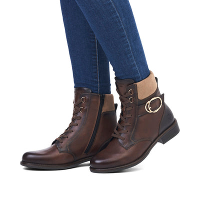 REMONTE - D0F76-22 LOW HEEL ZIP/LACE ANKLE BOOT - BROWN