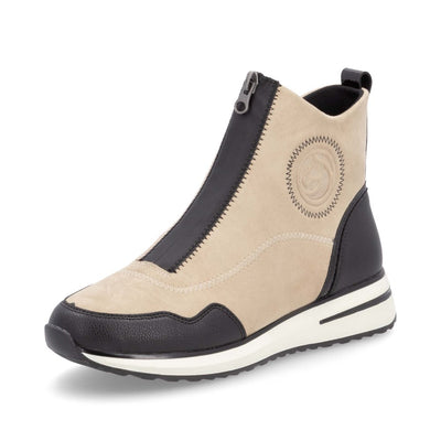 REMONTE - D1G70-60 LOW WEDGE FRONT ZIP ANKLE BOOT - BEIGE/BLACK