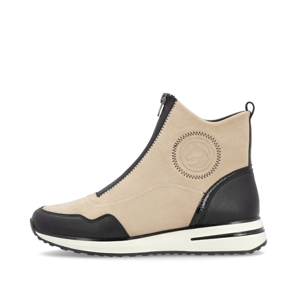 REMONTE - D1G70-60 LOW WEDGE FRONT ZIP ANKLE BOOT - BEIGE/BLACK